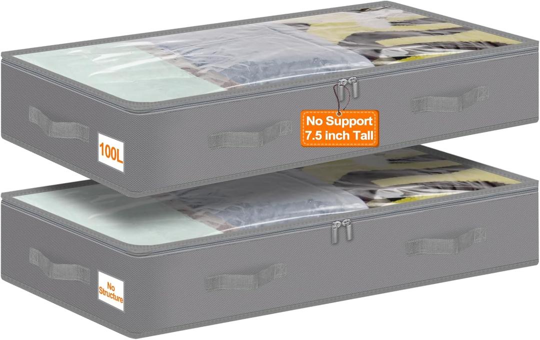 punemi Under Bed Storage Containers with Lid, 2 Pack Large Soft Foldable Storage Bags for Clothes, Coats, Sweaters, Blankets, Water-Resistant Inner Layer, 20x40x7.5 in, Perfect for Apartments and RV