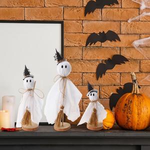 Chunful 3 Set Halloween Home Decor Indoor Primitive Halloween Ghost on Wooden Stand with Witch Hat Broom Spooky Ghost Fall Decor for Office Table Centerpieces Shelves Mantels Party Supplies