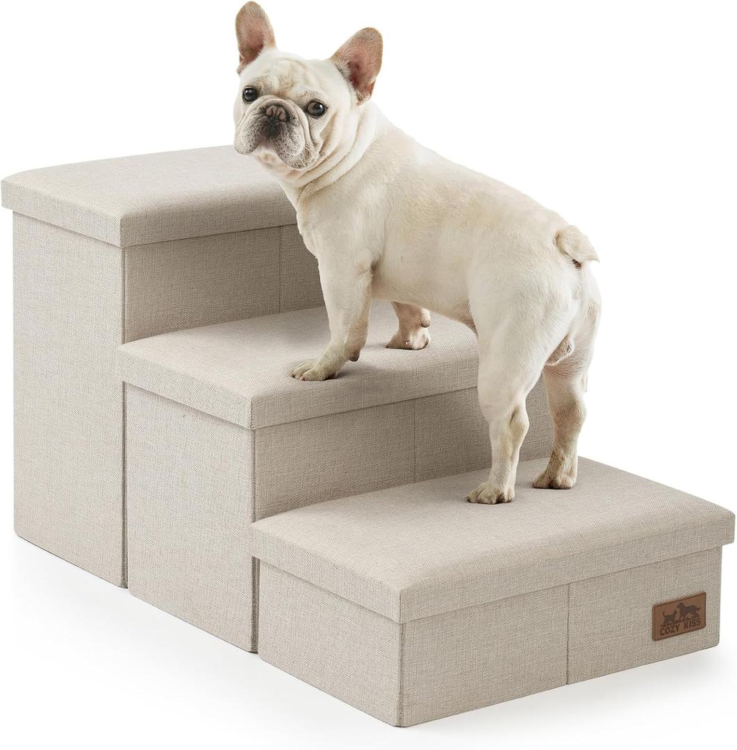 COZY KISS Dog Stairs with Storage, 3-Step Wider Sturdy Dog Steps for Small/Medium/Large Dogs and Older Cats, Folding Doggie Ramp for Bed/Couch/Car Hold Up to 180 lbs (16.7" H, Beige)