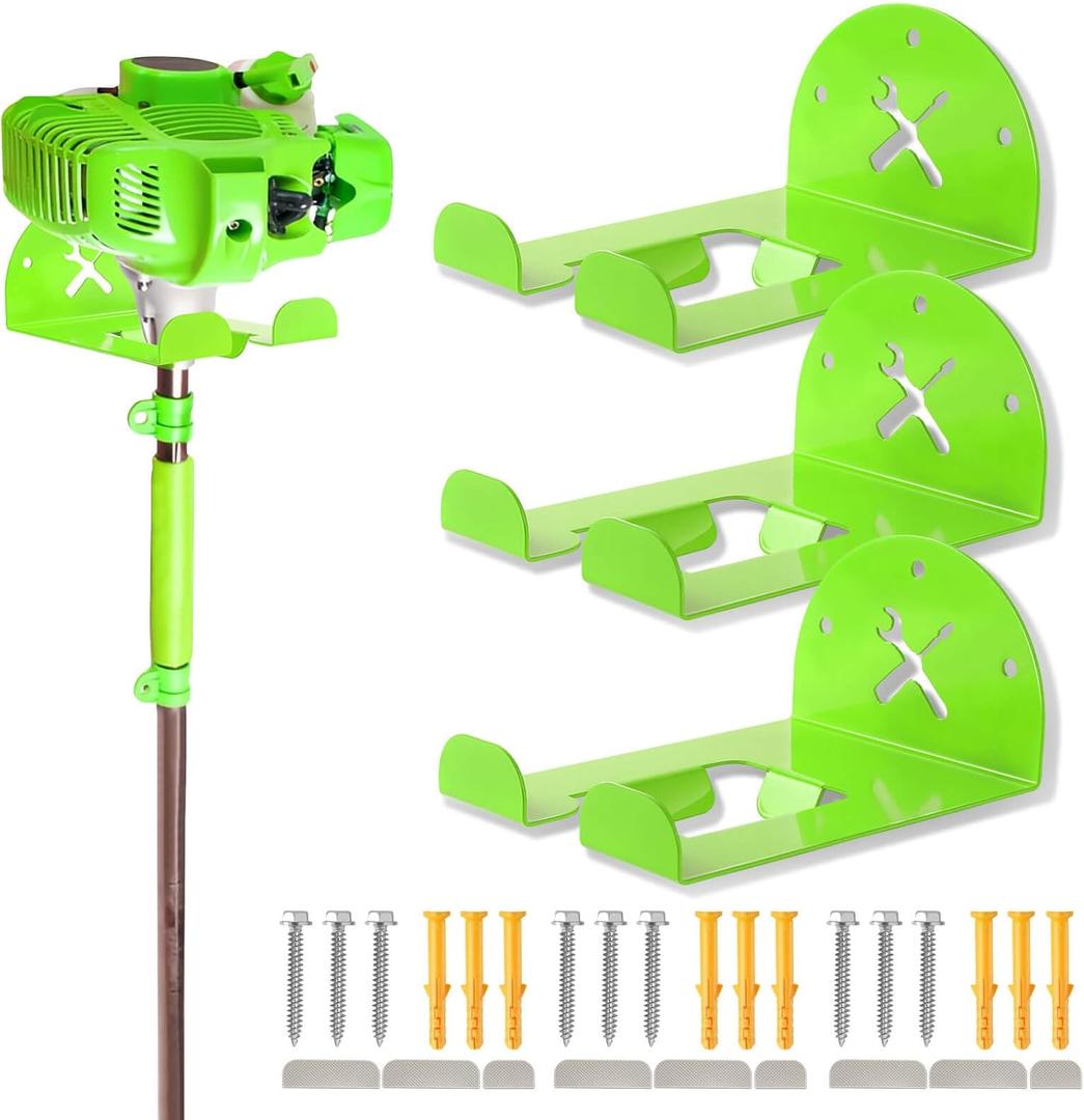 Upgraded Trimmer Rack Wall Mount - 8" Heavy Duty Weed Eater Hanger for Garage Wall Bracket, Garden Power Tool Holder Organizer Hooks for Grass Trimmer, Hedge Trimmer, Leaf Blower and Chainsaw, Green