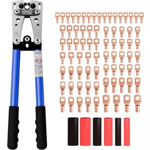 Sanuke Battery Cable Lug Crimping Tool for AWG10-1/0, Wire Crimper with 78pcs Copper Lug Ring Terminal Connectors, 110pcs Heat Shrink Tubing, Electrical Wire Crimping Tool Set
