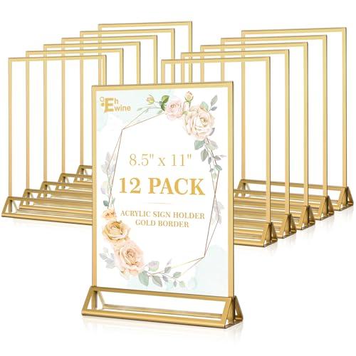 EHWINE 12 Pack Acrylic Sign Holder 8.5 x 11, Double Sided Gold Picture Frame Stand up Table Top Sign Holders, Clear Display Stand Menu Flyer Holder for Wedding Party (Provide Non-slip Mats)