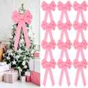 Riceshoot 12 Pcs Christmas Pink Bows Large Christmas Tree Topper Bow 12" x 24" Outdoor Decorations Wreath Bow with Glitter Gold Edge for Xmas Home Front Door Decor