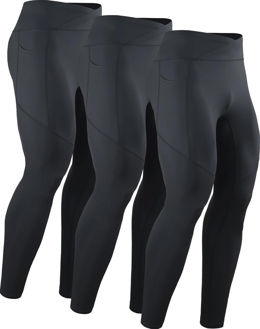 NELEUS Men's Compression Baselayer Running Tights Gym Leggings with Pockets (X-Large, 6124 3 Pack,black/Black/Black)