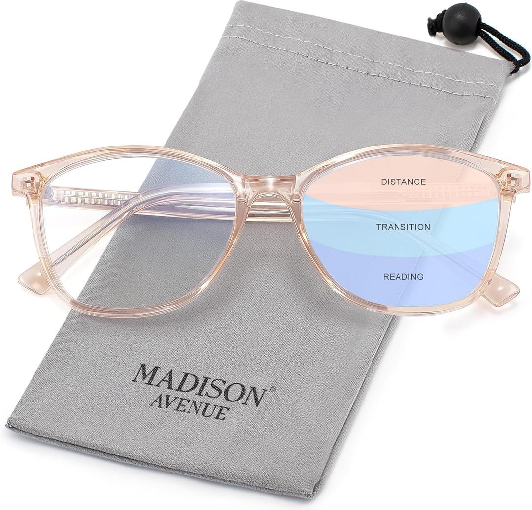 Madison Avenue Vintage TR90 Progressive Multifocus Reading Glasses for Women, Blue Light Multifocal Computer Readers (Transparent Brown)