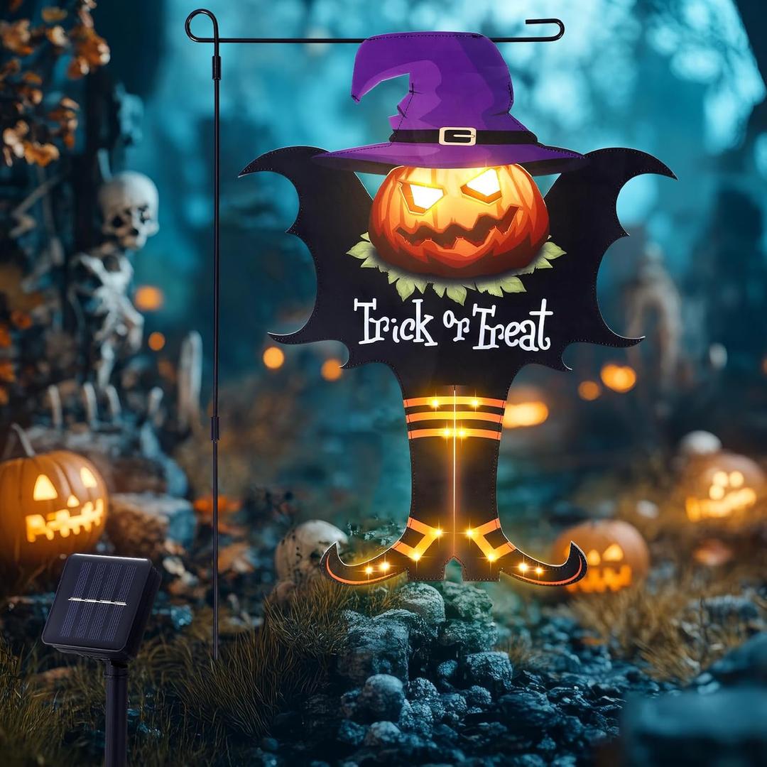 Halloween Graden Flag Solar Lights with Pole, Trick or Treat Double Sided Witch Feet Flag Banner 17.7 x 11.8. Inch 16 Warm White LED with 8 Modes Solar Panel, Decorations for Outdoor, Yard