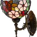 Tiffany Wall Sconce Lamp Plug In or Hardwire Wall Light with 8 Inch Green Purple Grape Stained Glass Flower Lampshade 8X10.5X11 Inch, Base Finished Antique Bronze, 6ft Cord with On/Off Switch