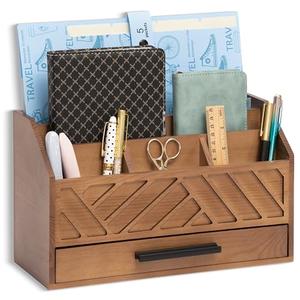 dreampossible Brown Wood Desk Organizer and Accessories with Drawer, Bill Mail Organizer and File Mail Holder for Office Supplies, Modern Desk Accessories & Workspace Organizers for Desk Organization