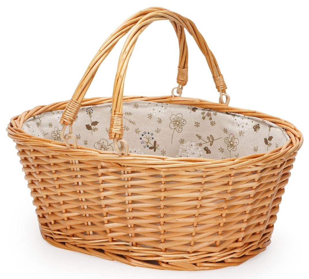 Wicker Picnic Basket with Double Folding Handles, Natural Large Willow Hamper Empty Basket Cheap Easter Eggs Candy Storage Wine Basket for Toy, Flower, Wedding（White 16inch）