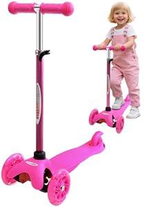 ChromeWheels Scooter for Kids, Deluxe 4 Adjustable Height 3 Wheels Glider with Kick, Lean to Steer with LED Flashing Light, Pink