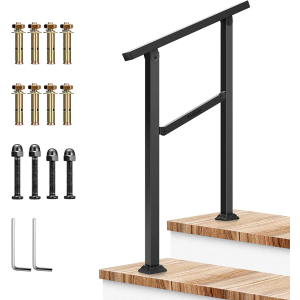 VIVOSUN Outdoor Handrail, 2 Step Stair Handrail, 26" × 36" Fits 1 to 2 Steps, Wrought Mattle Iron Handrail for Concrete Steps, Porch Steps, One-Step Assembly, Black