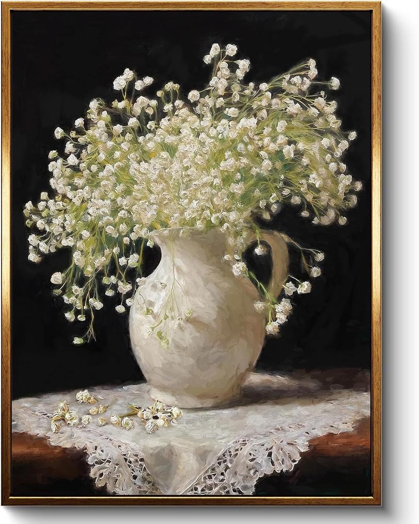 InSimSea Gold Framed Vintage Wall Art, Elegant Babys Breath Bouquet Still Life On Premium Canvas, Soft Neutral French Country Decor, Classic Botanical Artwork For Bedroom, Kitchen Decor 12"x16"