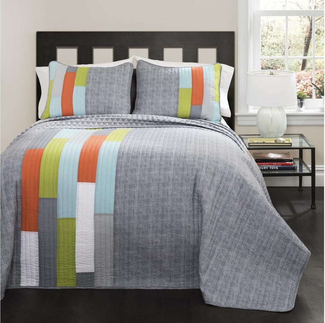 Lush Decor Shelly Stripe Quilt | Modern Geometric Pattern Reversible 3 Piece Bedding Set - King - Orange & Gray