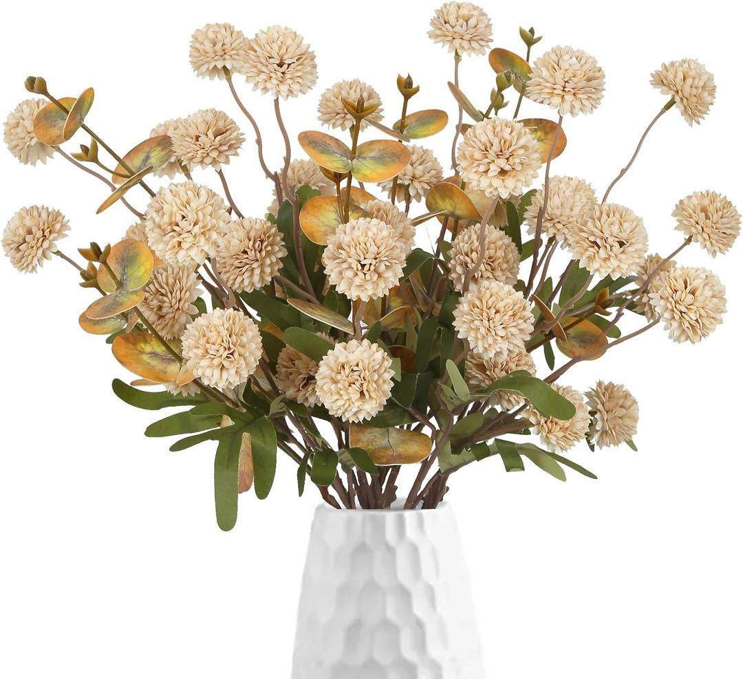 8 Stems Faux Kiku Flower with 3 Branches Eucalyptus Stems,Beige Fake Chrysanthemum Flowers Artificial Silk Pom Pom Balls for Wedding Bouquet Home Office Party Floral Arrangements(Beige)
