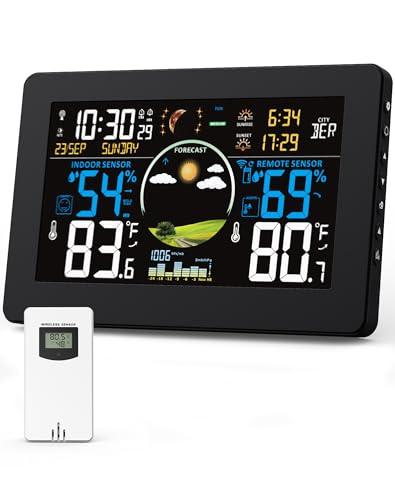 Zivron Weather Station Wireless Indoor Outdoor Thermometer, 7.5" VA Display with Remote Sensor, Home Weather Station with Weather Forecast, Temperature, Humidity, Atomic Clock, Black
