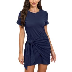 Yulaviniee Womens Summer Short Sleeve Cinched-Waist Wrap T-Shirt Mini Dress (XS)