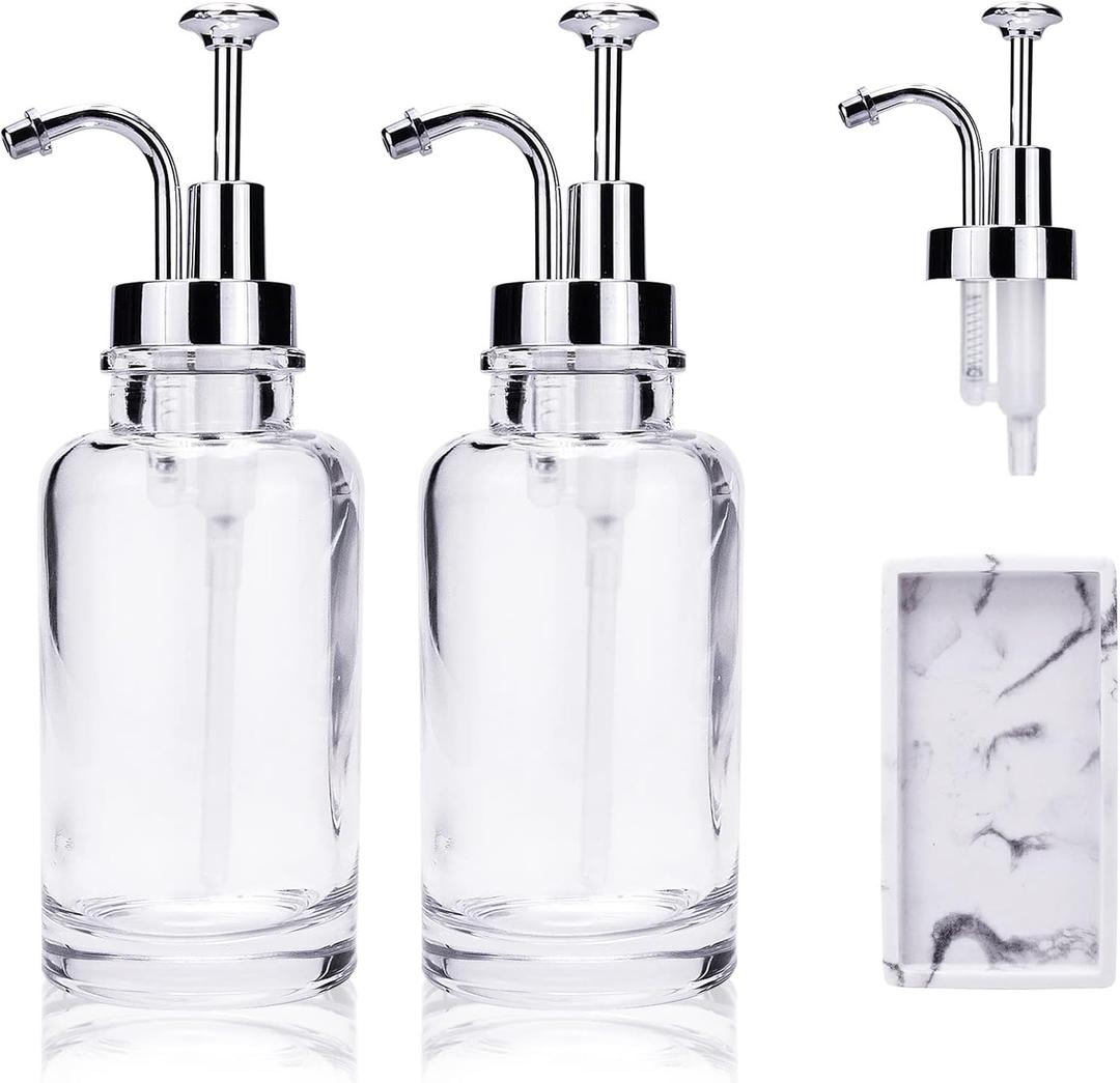 Soap Dispenser with Rustproof ABS Pump 2-Pack Gift Set, 11oz Thick Clear Glass Bottles Lotion Dispensers for Bathroom, Kitchen Accessories (Clear (3 Pump))