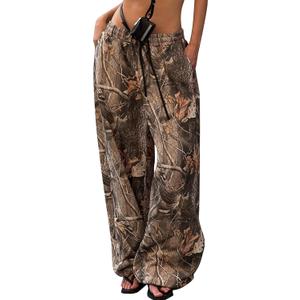 Eutten Women Wide Leg Camo Sweatpants High Waisted Drawstring Baggy Jogger Fleece Loose Sweat Pants with Pockets (Medium, Brown)