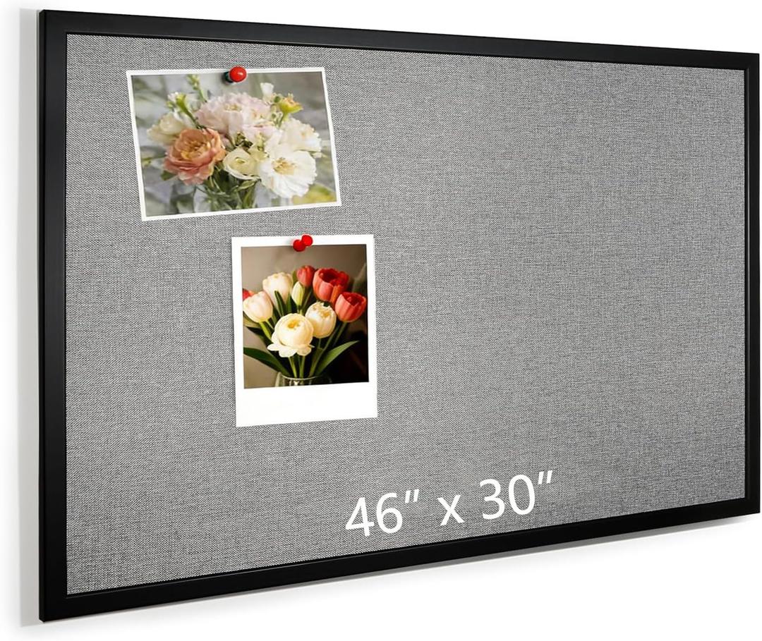 Cork Board, 46x30 Inch Wood Framed Bulletin Board with Gray Fabric