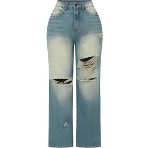 THUNDER STAR Womens High Waisted Wide Leg Jeans Stretchy Distressed Denim Pants (Blue, S)