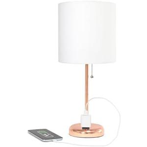 Simple Designs LT2024-RGD Rose Gold Stick Table Desk Lamp with Charging Outlet and Drum Fabric Shade, White Shade (Pack of 2)