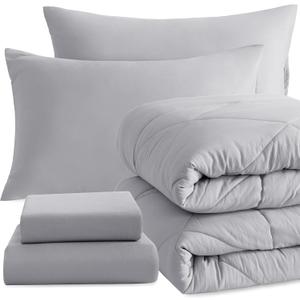 NTBAY Twin Comforter Set with Sheets, 5 Pieces Soft and Breathable Twin Bedding Set, Twin Bed in a Bag, Down Alternative Comforter Set Solid Color All Season, Kids Bedding Set, Light Grey