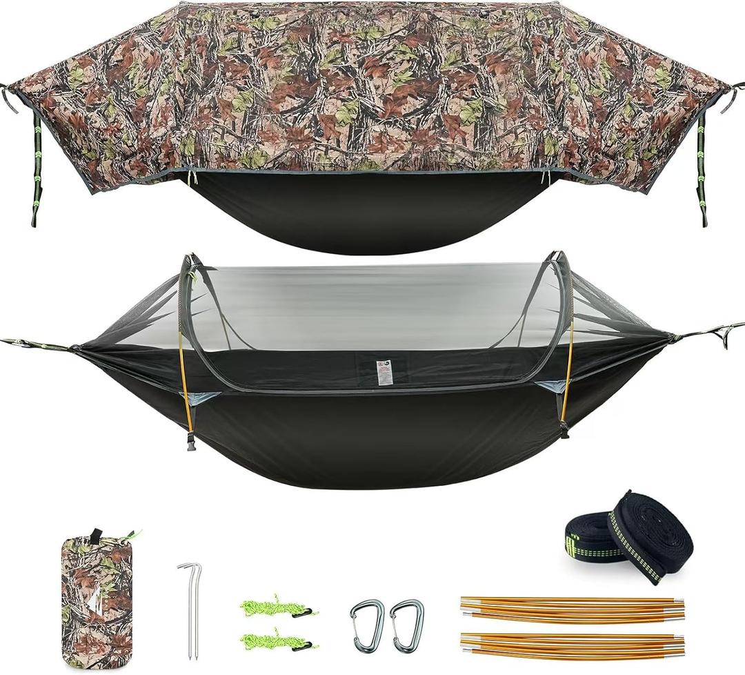 Camping Hammock Tent with Mosquito Net & RainFly, 3 in 1 Waterproof Lightweight Portable Sleeping Hammock Bug, Travel Outdoor Gear with Tree Strap Swing, for Hiking Patio Expedition (Camo)