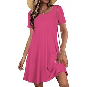JOLIGAL Summer Dresses for Women Casual Short Sleeve Sundress Scoop Neck Beach T Shirt Dress with Pockets(Deep Pink, L)
