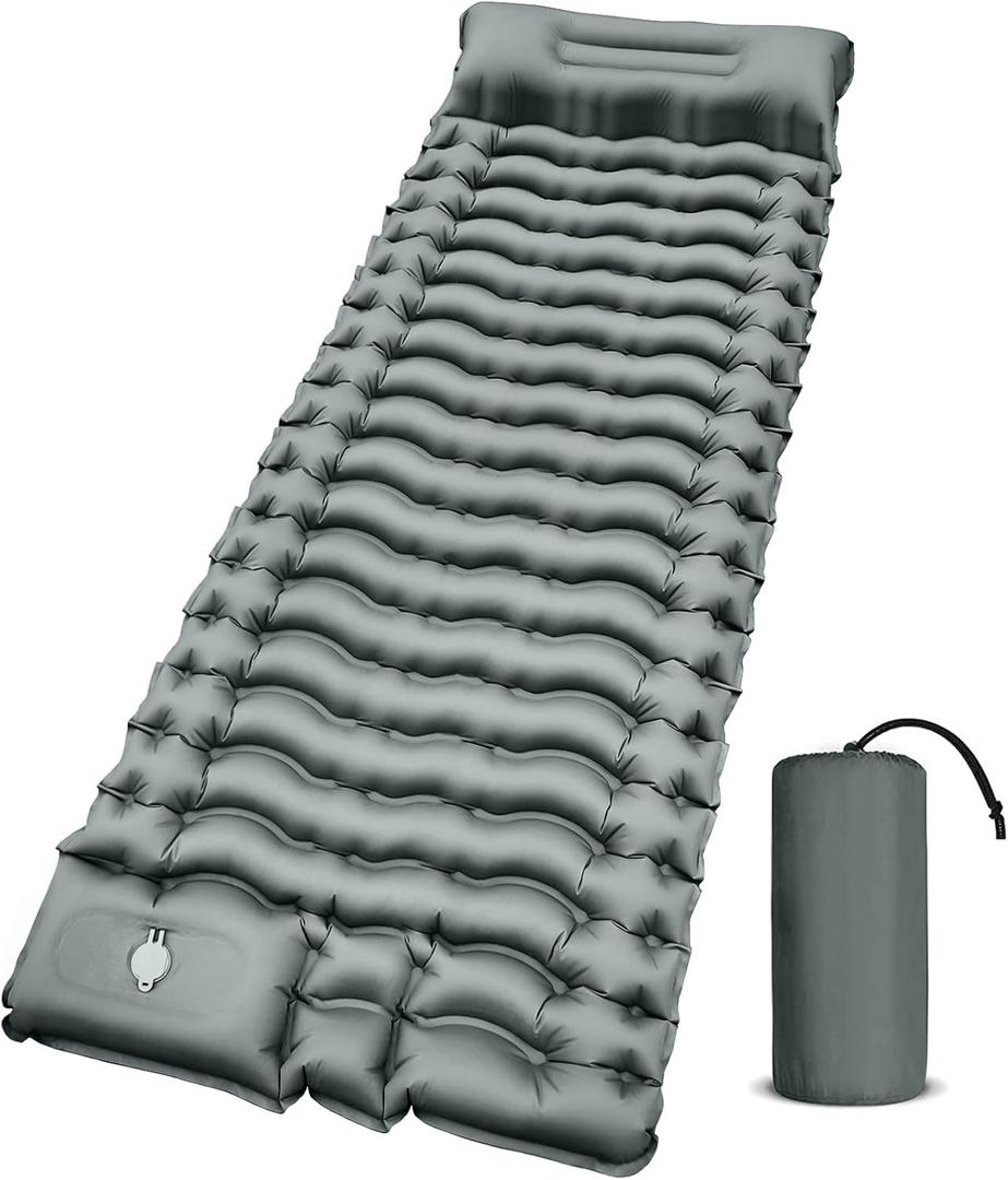Camping Sleeping Pad, Ultralight Camping Mat with Pillow Built-in Foot Pump Inflatable Sleeping Pads Compact for Camping Backpacking Hiking Traveling - Gray (Single-grey)