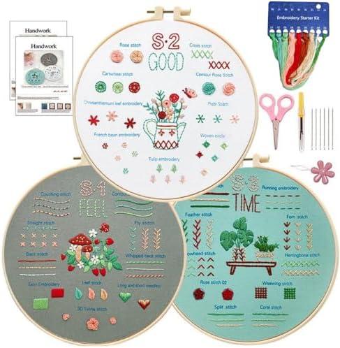 3 Pack Beginner Embroidery Kit for Adults - All-inclusive DIY Starter Kit with 33 Stitch Techniques, Video Tutorials & Fashion Patterns | Perfect for Home Crafting, Gifts | Women, Teens, Homemakers