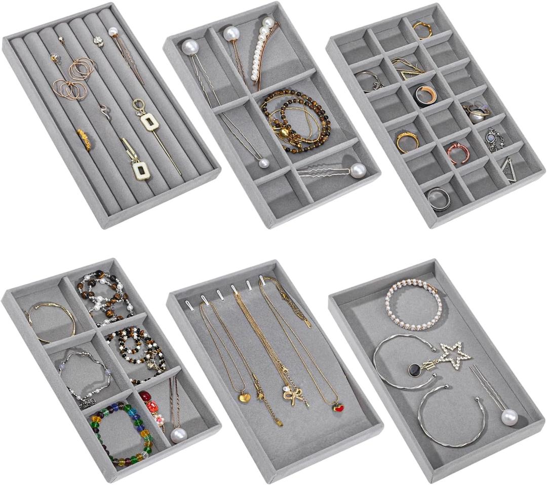Dntorx Stackable Jewelry Organizer Trays, 6 Set of Velvet Jewelry Drawer Insert Sets Organizer Trays Jewelry Display Case Storage with Removable Dividers for Earring Necklace Rings BraceletGray