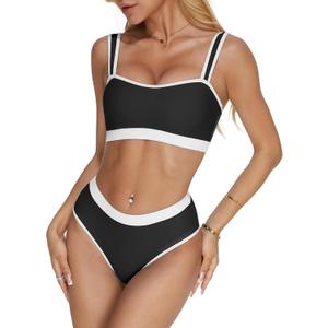 MOOSLOVER Women Sporty Color Block Bikini Sets Cheeky High Cut Two Piece Swimsuit (Medium, Black)