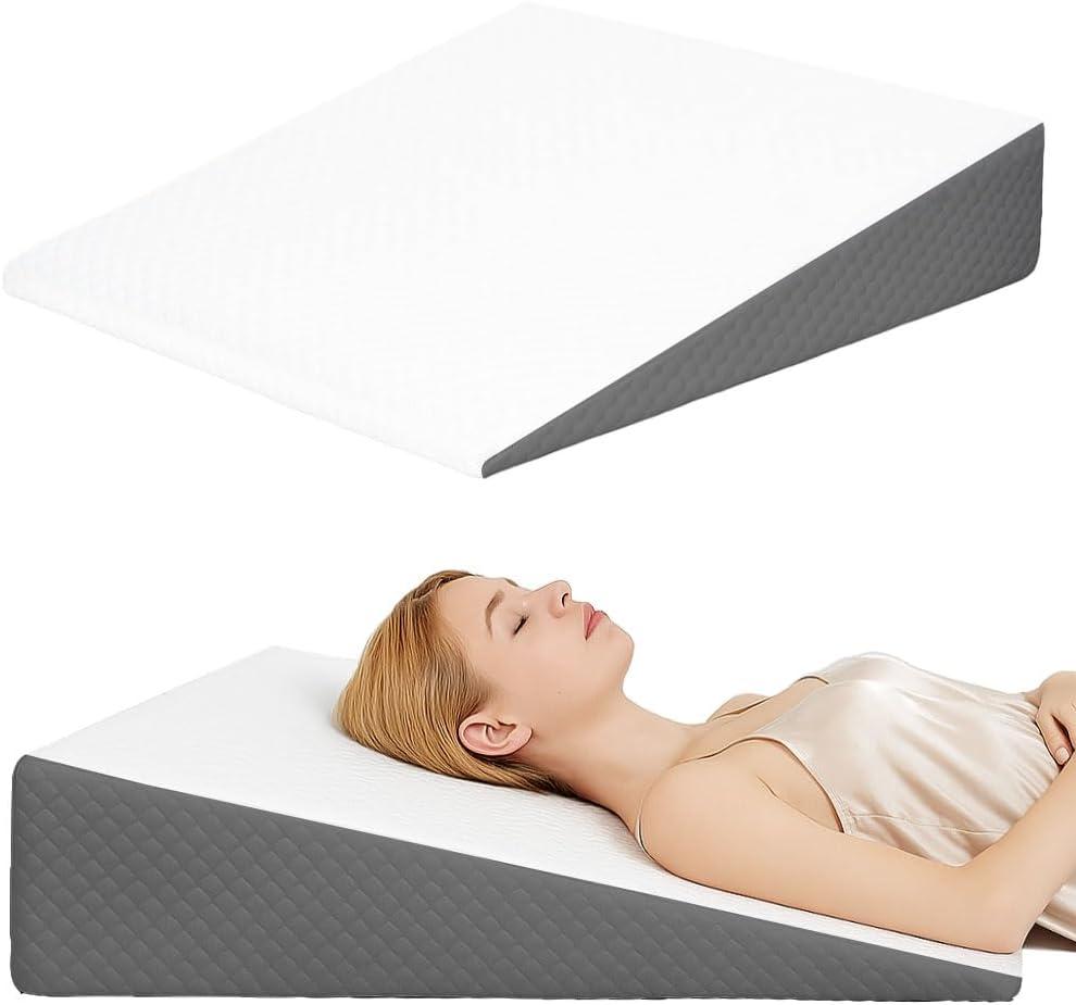 Wedge Pillow, Bed Wedge Pillows for Sleeping, Snoring, Back Support, After Surgery, Foam Triangle Pillow, Removable Washable Cover (White Gray, 7.5in)