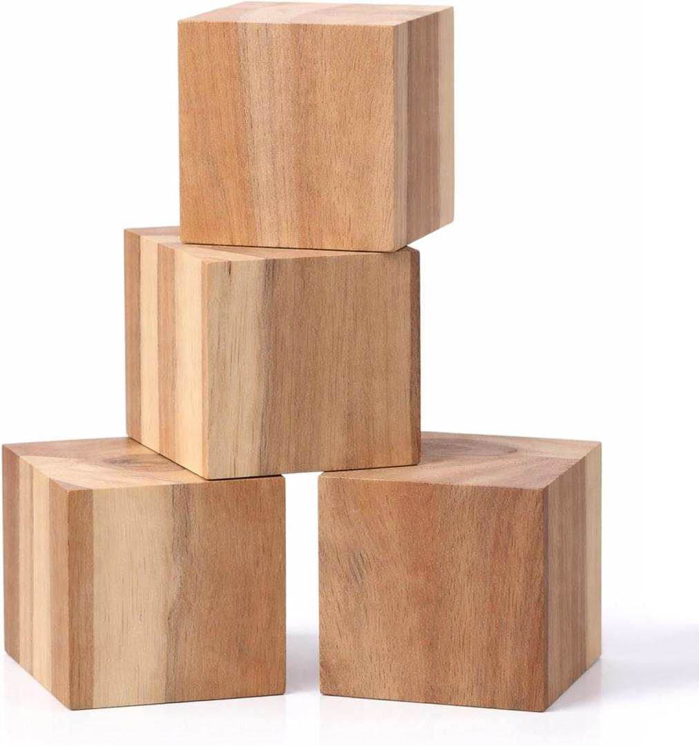 Yousoontic 4 Pack 3 Inch Acacia Wooden Cubes Unfinished Wood Blocks for Crafts Sanded Smooth Natural Wood Squares for Handicrafts Painting DIY Puzzle Making and Home Party Decoration