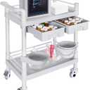 Medical Mobile Trolley Cart 2-Shelf 220 LBS Max Load Rolling Utility Cart Heavy Duty Beauty Salon Storage Cart with Drawers Dirt Buckets Rotate Wheels 2 Brake for Hospital Dental Clinic Home (2-tier Light Gray)