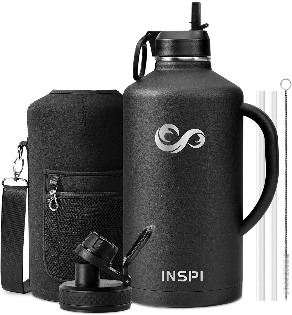 128 oz Gallon Water Bottle with Straw &2 Lids, INSPI Double Wall Vacuum Stainless Steel Metal Large Jug with Handle & Carry Pouch, 100% Leak and Splash Proof, Keep Cold Hot, Black (128 Ounces, Black with handle)