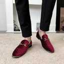 LCQL Men's Velvet Penny Loafers Slip on Party Dancing Shoes Embroidered Tuxedo Dress Shoes Pointed Toe Loafers K12 Burgundy Size 10