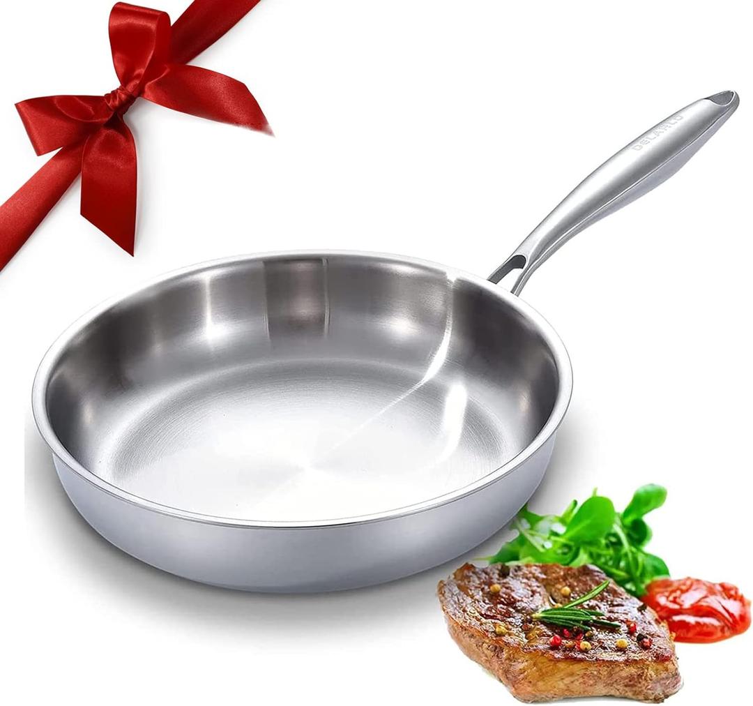 DELARLO Tri-Ply Stainless Steel Frying Pan, All Cooktops Compatible Up to 650, Oven Safe Induction Skillet, 12.5 inch Non toxic Cooking Surface, Fast & Even Heat, Durable Cookware