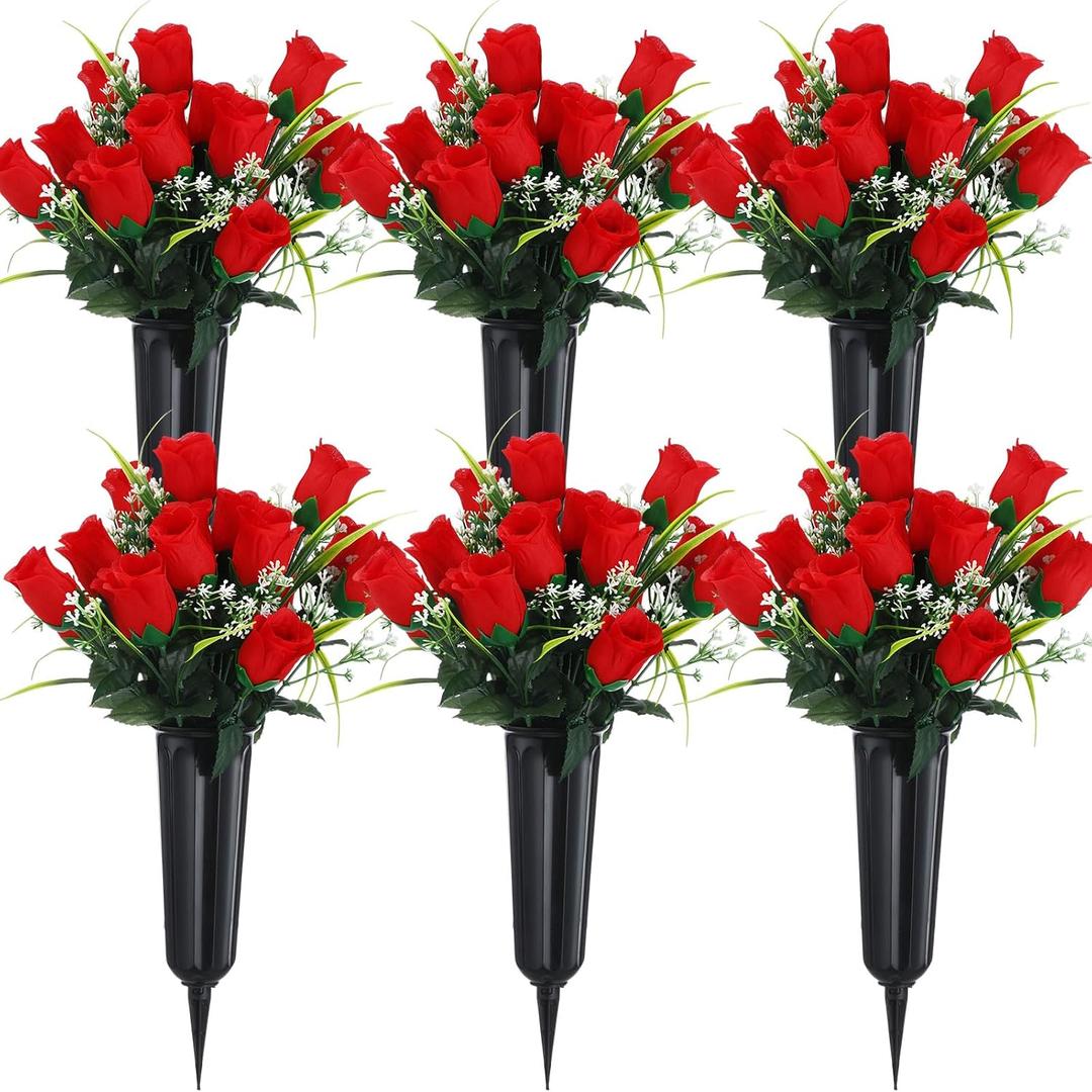 Tigeen 6 Sets Memorial Day Cemetery Flowers with Grave Vase 12 Bunches Artificial Rose Memorial Bouquet 84 Heads Fake Spring Silk Cemetery Flower for Graveside Decor(Red)