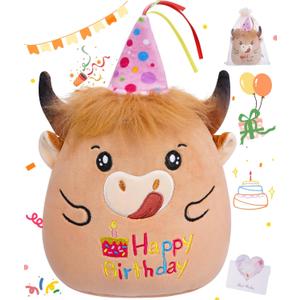 Highland Cow Birthday Stuffed Animal - 15 Inch Cow Plush Gifts for Kids Girl Sister Daughter Birthday Doll Toys Decorations