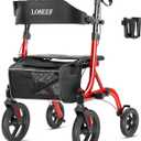 Rollator Walkers for Seniors, 10" Big Rubber Wheels All Terrain Rollator Walker with Adjustable Backrest and Handles, 350 Lbs, Cup Cane Holder, Foldable Lightweight Walker with Seat for Seniors Red