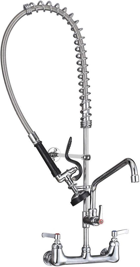 MSTJRY Commercial Sink Faucet with Pre Rinse Sprayer: 35"Height 8"Adjustable Center 12"Swivel Spout Wall Mount Pre Rinse Faucet-Perfect for 2/3 Compartment Sink (Polished Chrome,Stainless Steel&Brass)