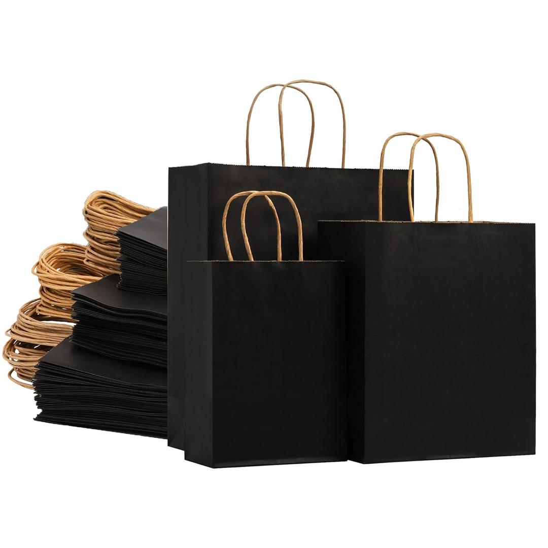 Nicunom 90 Pack Black Kraft Paper Bags with Handles Bulk, 3 Size Paper Gift Bags for Retail, Party Favor, Grocery, Birthday, Shopping, Wedding, Business, Merchandise