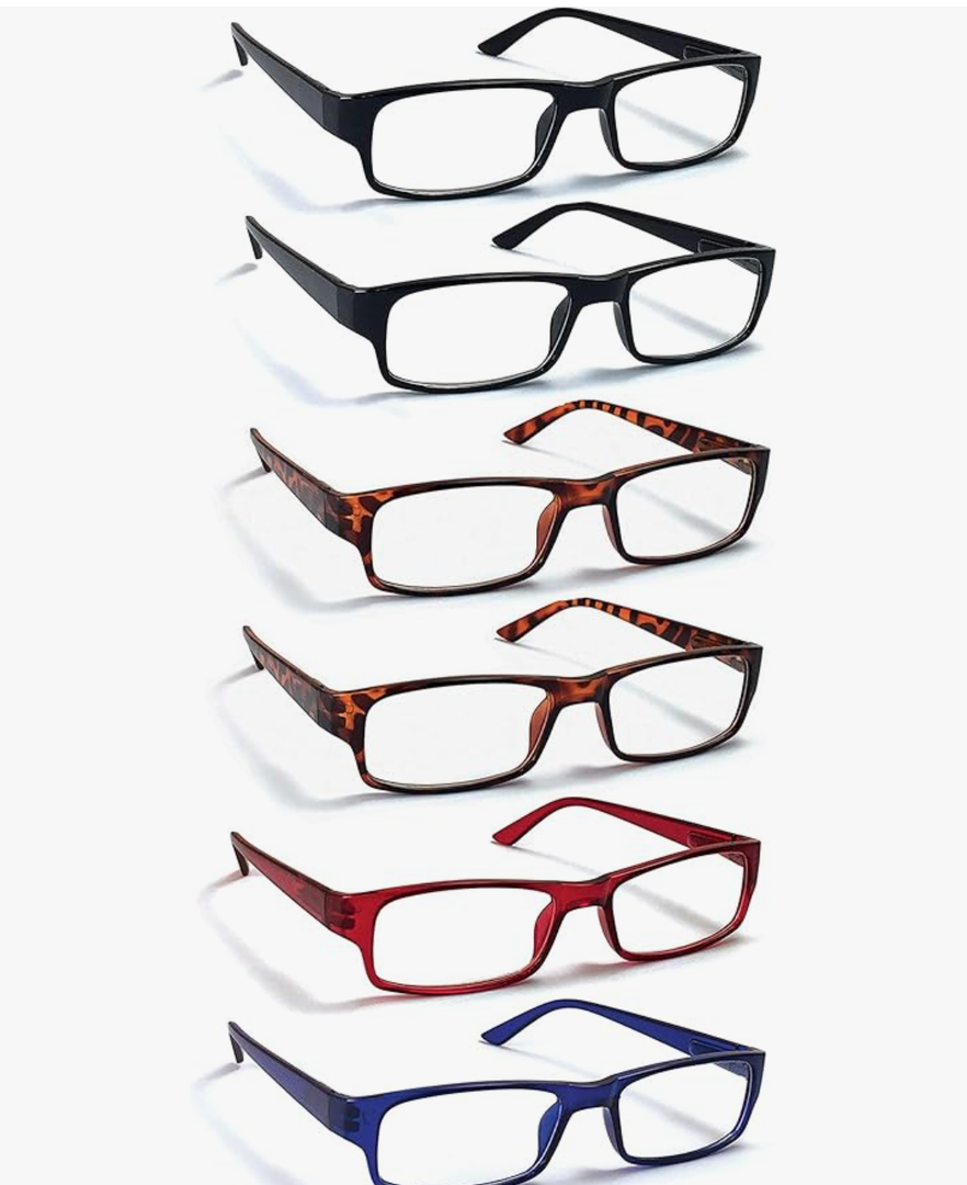 6 Pack Reading Glasses, Traditional Frames in Assorted Colors, for Men and Women, with Spring Loaded Hinges, +1.0