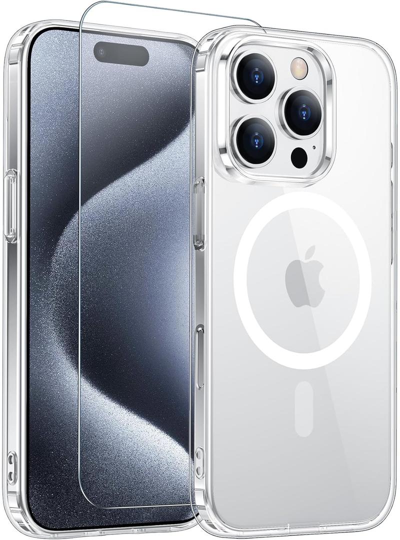 Temdan for iPhone 15 Pro Max Case Clear with Screen Protector, Compatible with Magsafe, AntiYellowing, MilitaryGrade Protection, Shockproof Slim Magnetic Phone Case Cover, Transparent