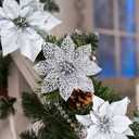 Winlyn 26 Set 3 Style Christmas Silver Glitter Poinsettia Flowers Picks Xmas Tree Ornaments and 12 Yards Decorative Silver Glittered Wired Ribbon for Silver Christmas Tree Wreath Garland Holiday Dcor