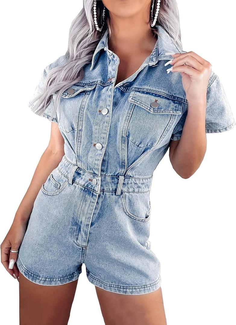 cffvdiz Women's Distressed Button Front Denim Rompers Short Sleeve Flap Pocket Vintage Slim Fit Blue Jean Jumpsuit Shorts (Large)