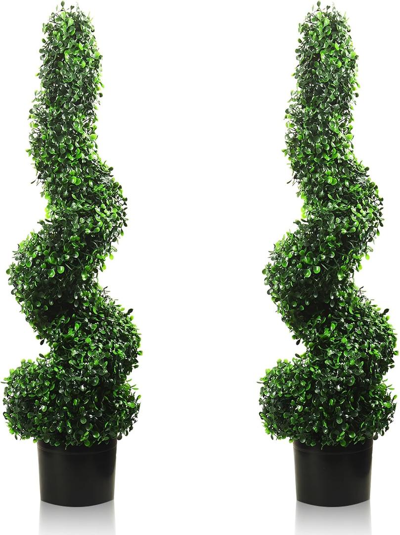 4FT Artificial Spiral Boxwood,Topiary Trees Artificial Outdoor-Indoor Outdoor Decor - Plastic Pots - Set of 2