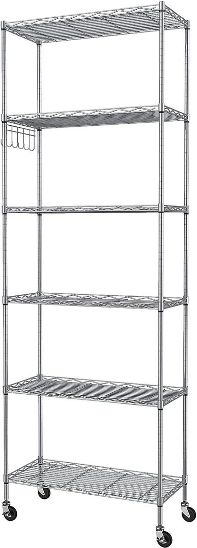 Homdox 6-Tier Storage Shelf Wire Shelving Unit Free Standing Rack Organization with Caster Wheels, Stainless Side Hooks, Silver Gray | Rack Organization, with Caster Wheels, Stainless Side Hooks