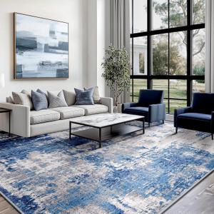 Washable Area Rugs 8'x10' Non-Slip Modern Abstract Soft for Living Room Entryway Bedroom, Print Pattern, Blue Grey Navy Gray